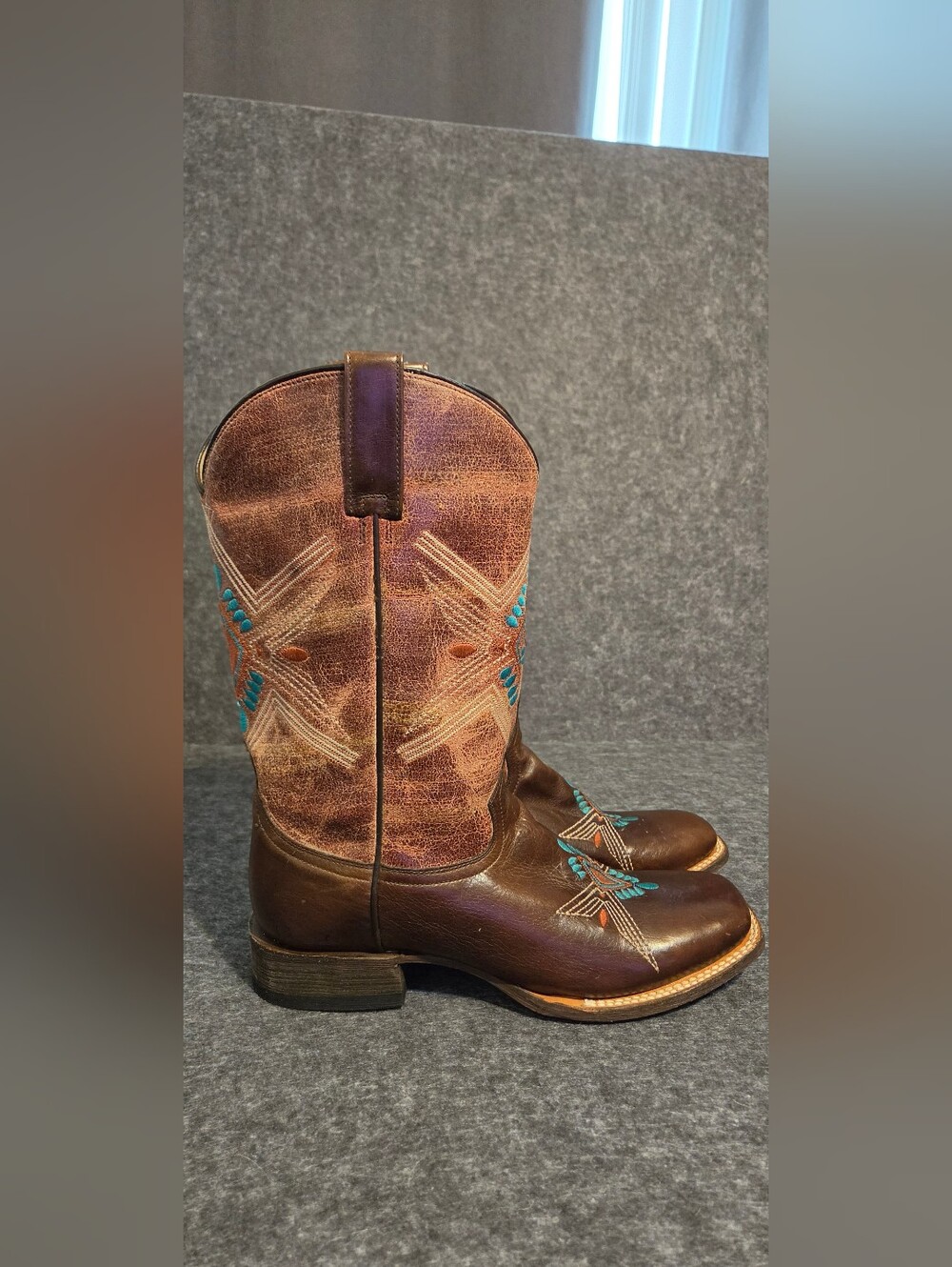 Roper Womens Brown Leather Western Boots Turquoise/Orange Embroidery Made Mexico - Picture 4 of 12